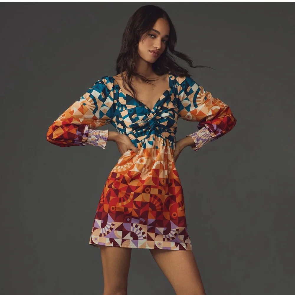 Farm Rio Long-Sleeve Printed Babydoll Mini Dress NWT XXS